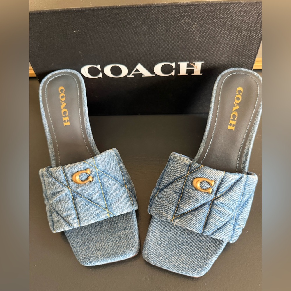 Coach Blue Quilted Denim Slide Wedge Sandals